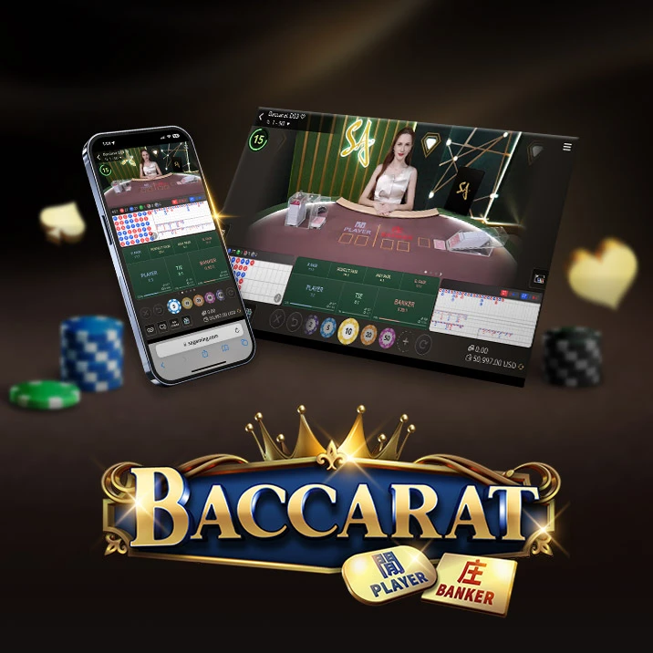 Visual showcasing an online Baccarat game interface, featuring a dealer and gaming tables, with a smartphone displaying the game. The word 'BACCARAT' is prominently featured at the bottom, along with 'PLAYER' and 'BANKER' labels.